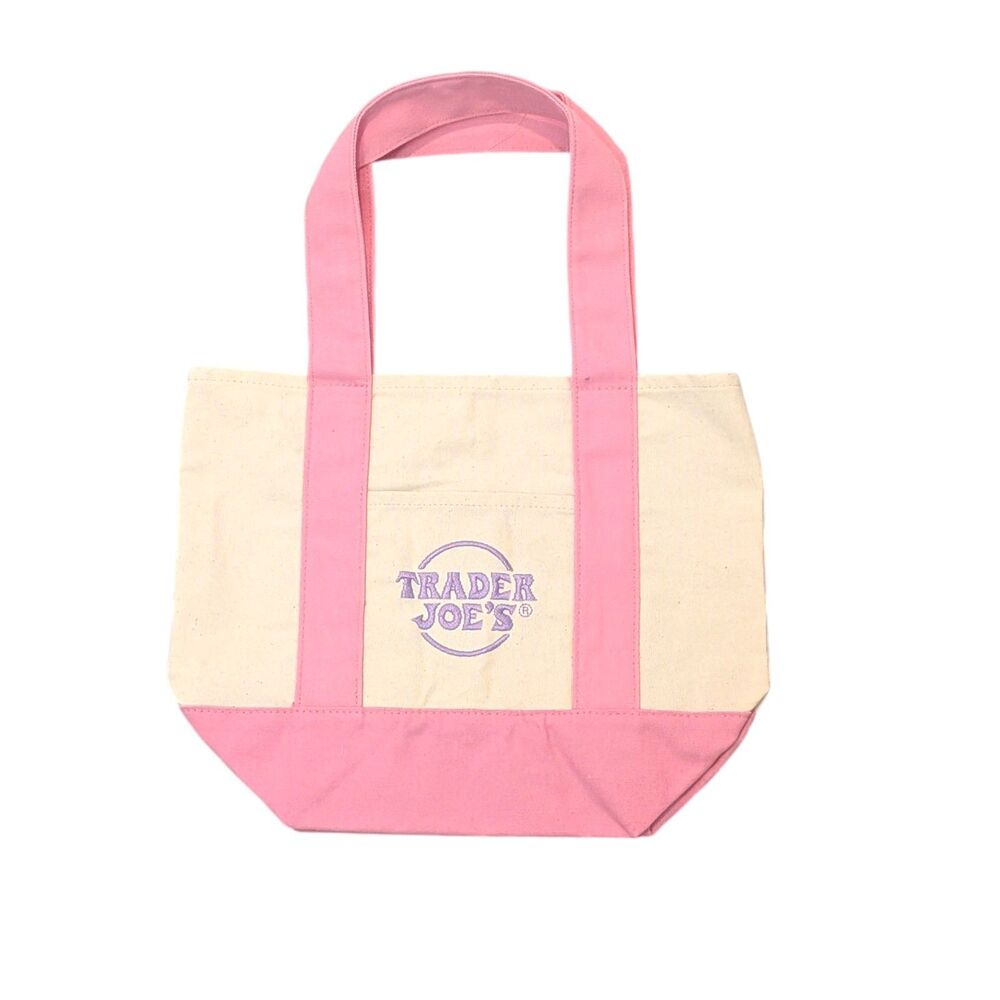 Trader Joe's Mini Pastel Canvas Tote Bag Pink NWT Easter Spring Embroidered Logo
